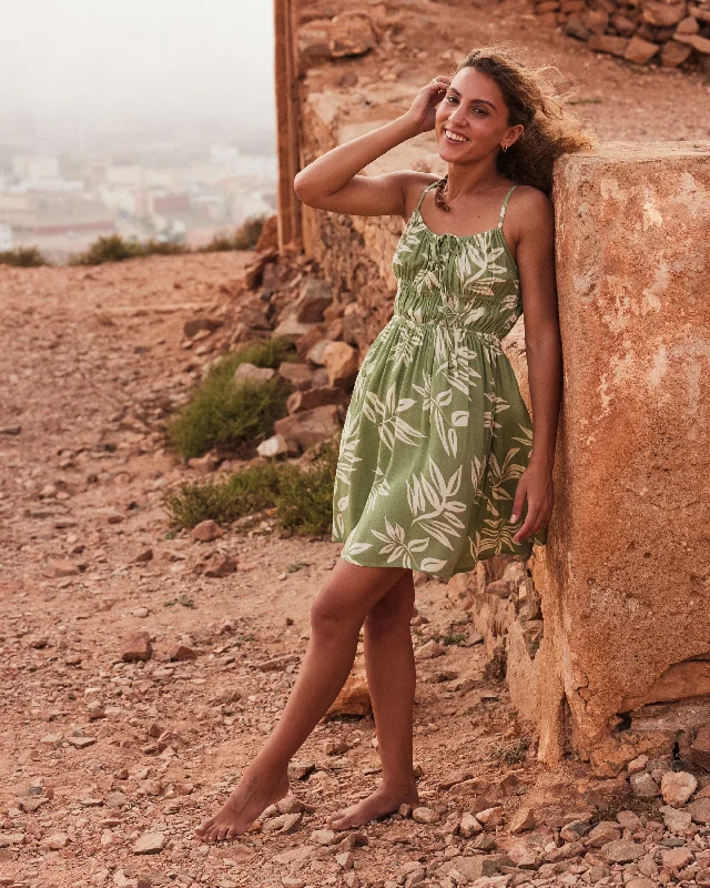 La Vida Mini Dress - Oil Green Leavin