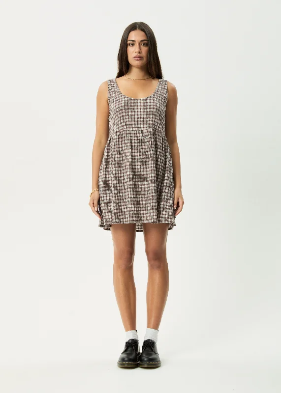 AFENDS Womens Base Jesse - Seersucker Mini Dress - Coffee Check