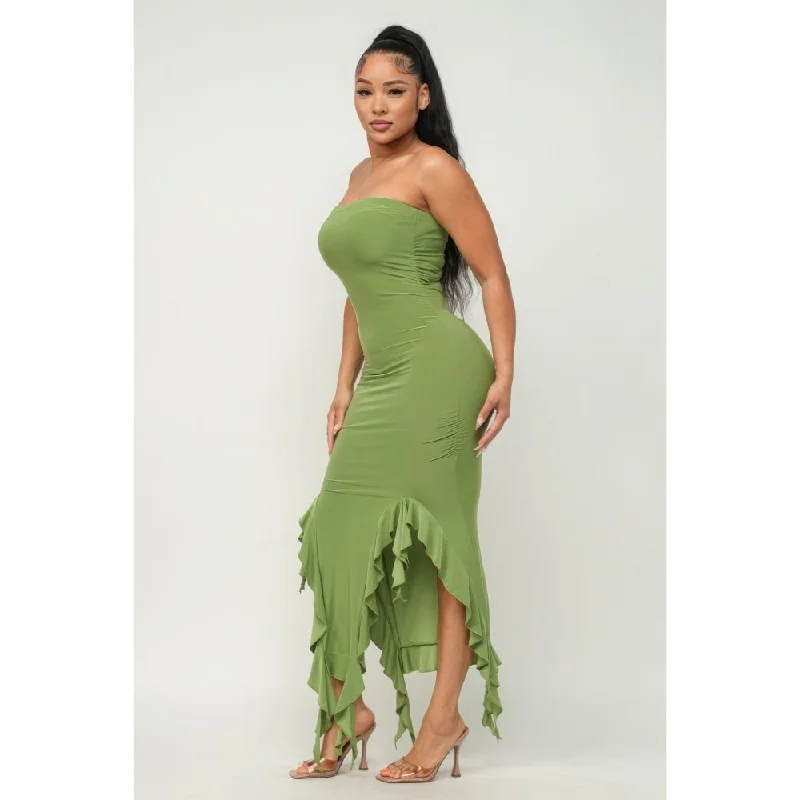 Polyester Solid Bottom Ruffle Trim Hem Slit Tube Maxi Dress