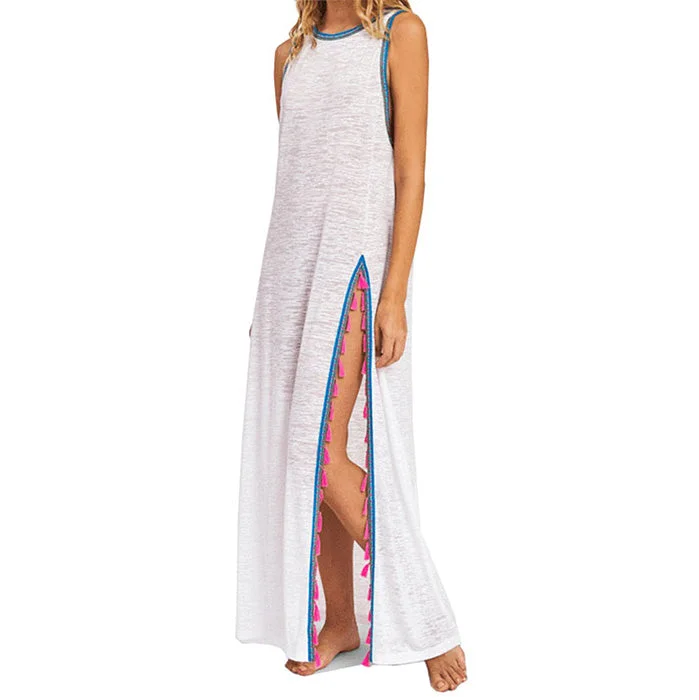 Pitusa Tassel Slit Mini Dress Cover Up - White