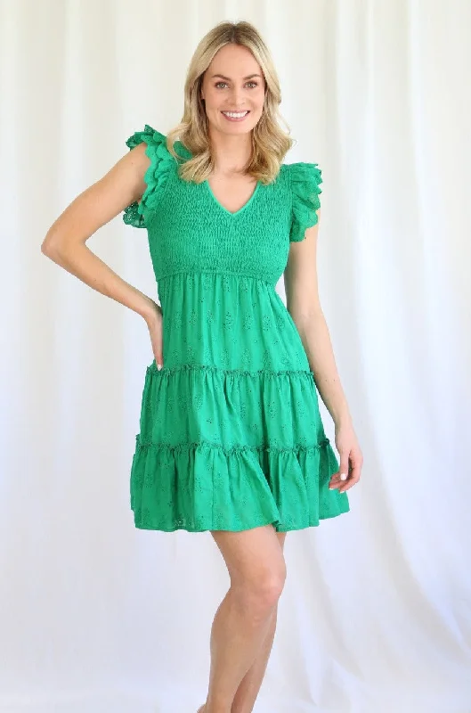 Lillie & Mia Maddie Mini Shirred Dress Green