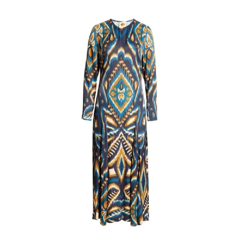 Farm Rio Womens Long Sleeve Satin Maxi Dress Pineapple Ikat Blue