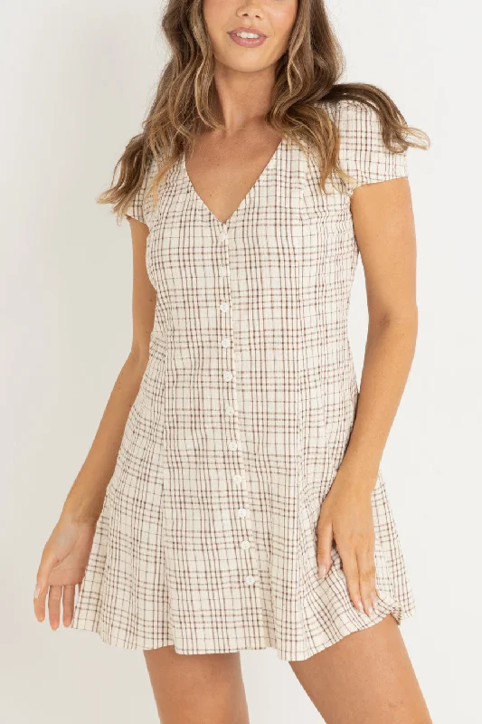 Rumi Check Cap Sleeve Mini Dress Natural