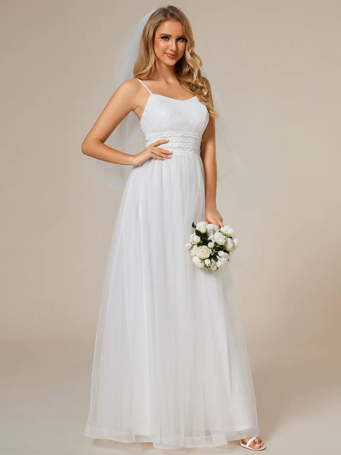 Classic Adjustable Spaghetti Strap Tulle Wedding Dress with Waist Paillette Chain