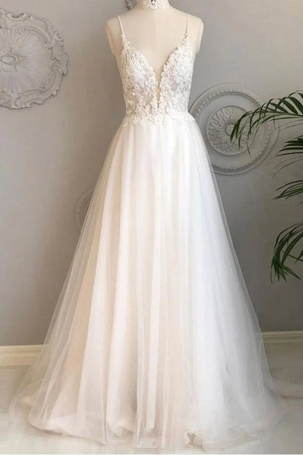 A-line thin shoulder strap beach wedding dress lace and floor length wedding dress