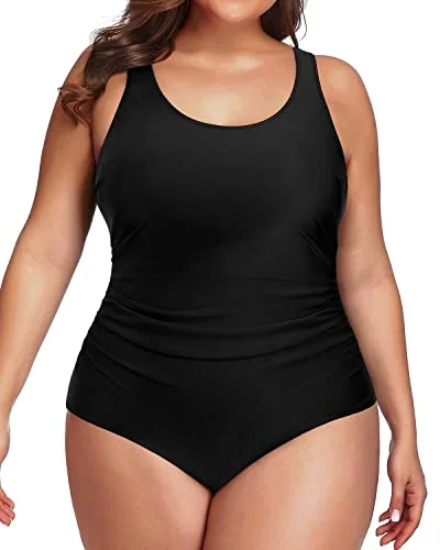 Backless Low Cut Plus Size Sport Swimsuit For Curvy Women-Black