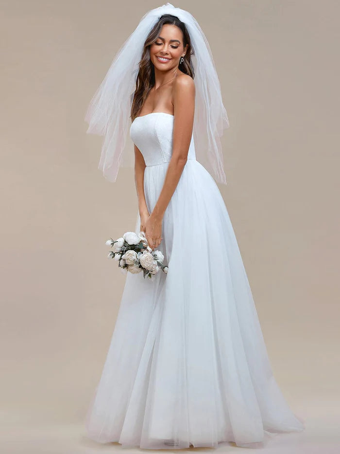 Romantic Back-laced Adjustable Strapless A-Line Tulle Wedding Dress