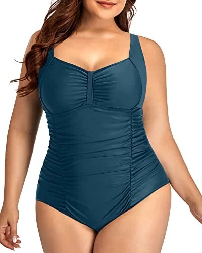 Ruched Front Retro Swimwear For Curvy Women-Teal