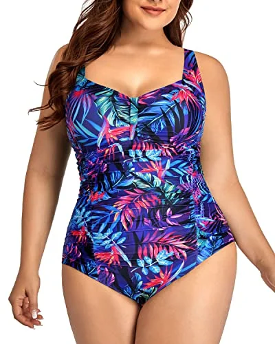 Clasp Hook Closure Retro One Piece Swimsuits For Curvy Women-Blue Leaves