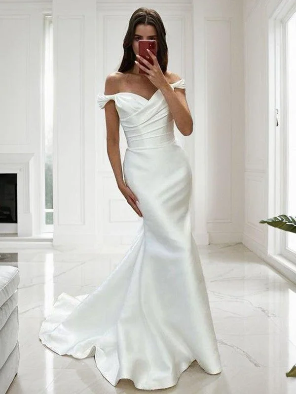 Tight off shoulder pleated court and ground length satin wedding dress