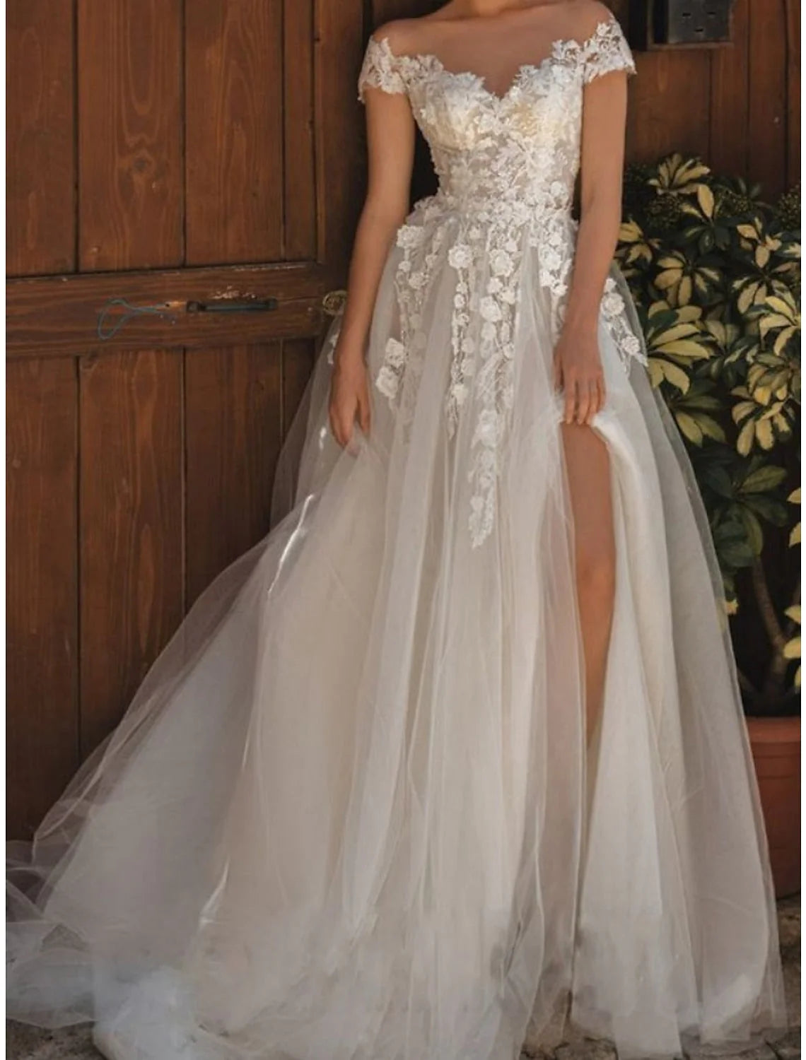 A-line/Princess Off Shoulder and Floor Lace Wedding Dress