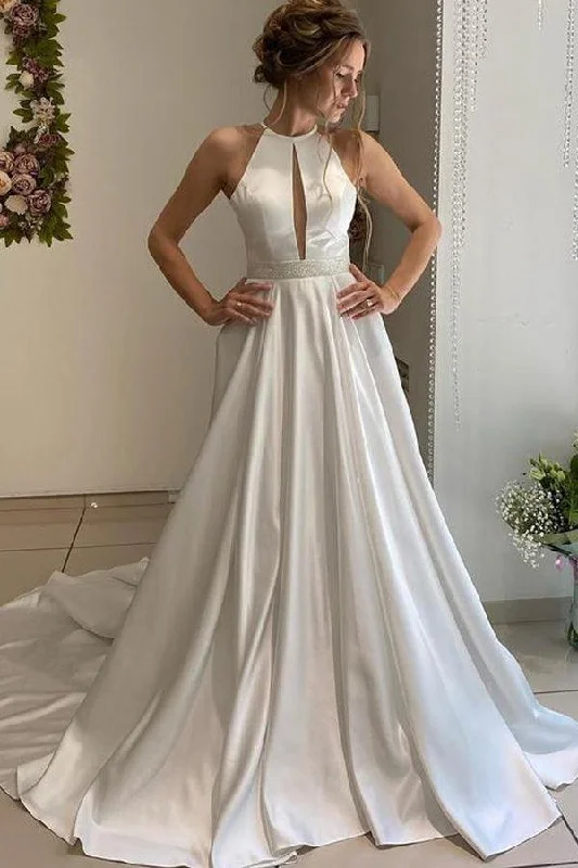 Elegant one line collar backless long satin beaded strap and floor length wedding dress