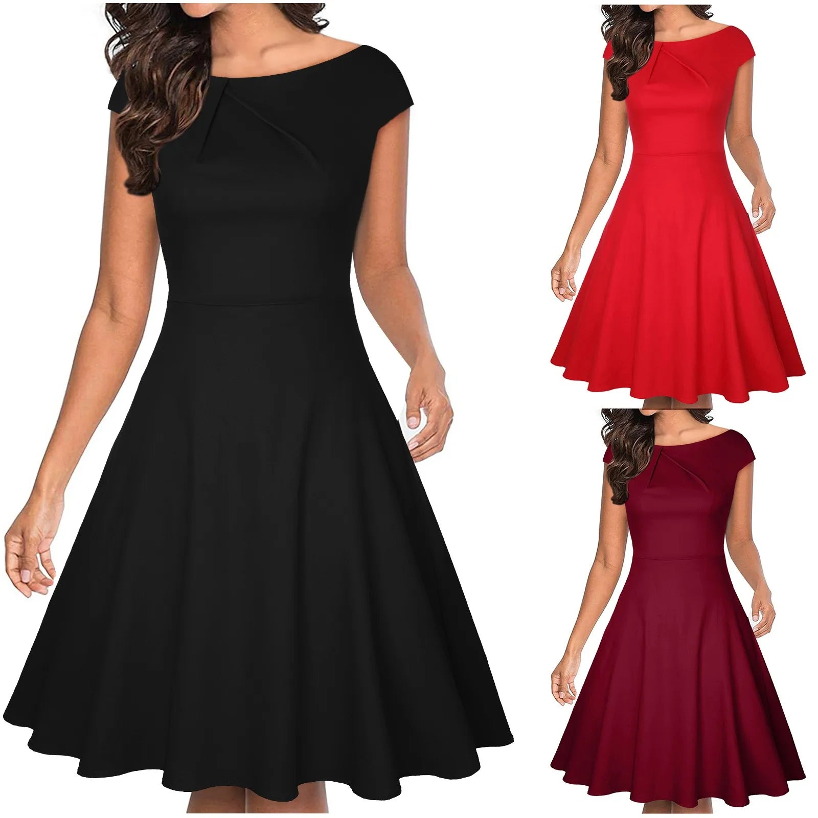 JuliaFashion - Elegant Wedding Party Women'S Cocktail Swing Guest Sleeve Short A-Line Women's Summer V Neck For Women Dress