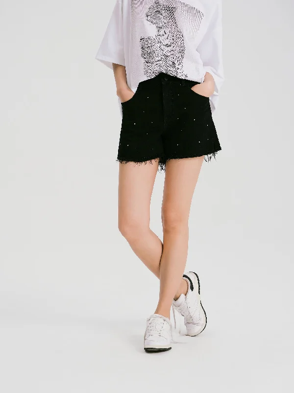 Burlap Trim Denim Shorts-Black