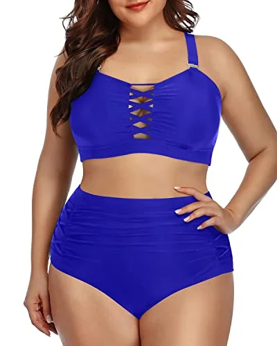 Attractive Hollow Out Ruched Tummy Control Bikini For Plus Size Women-Royal Blue