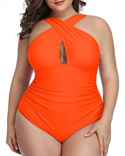 Elegant Backless Plus Size One Piece Swimsuits Keyhole-Neon Orange