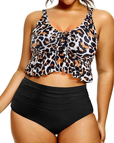 Stylish Two Piece Plus Size Swimsuit Flounce Top-Black And Leopard