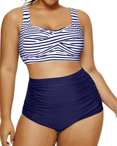 Sweetheart Neckline Twist Front Bikini Set For Women-Blue White Stripe