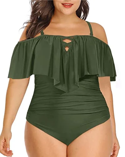 Halter Neck Tummy Control Plus Size One Piece Swimsuits-Army Green