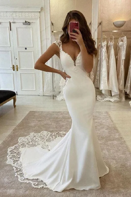 Elegant mermaid hat sleeve V-neck satin lace and floor length wedding dress