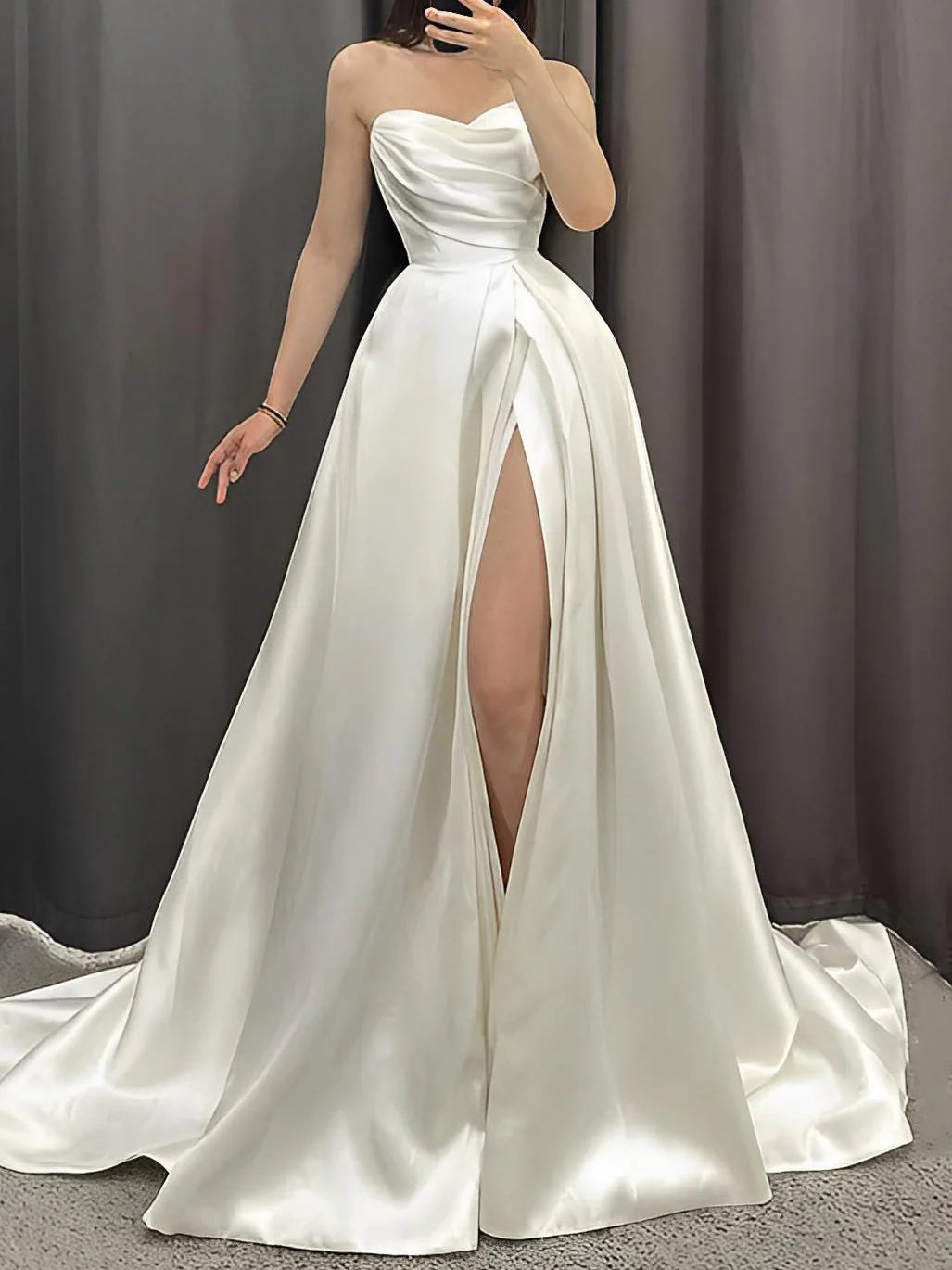 A-line/Princess side slit strapless wedding dress