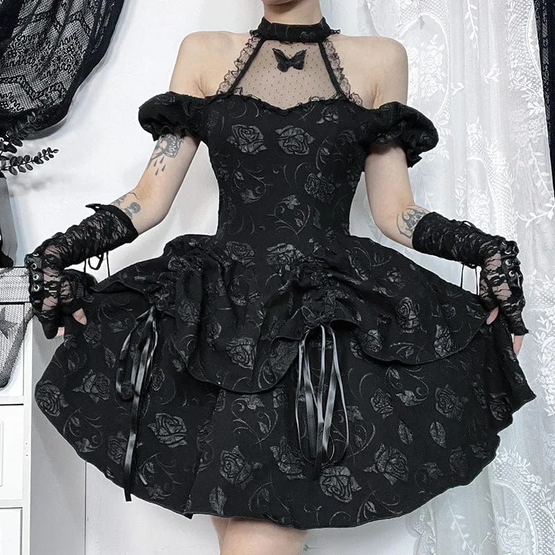 Women's Gothic Off-the-shoulder Rose Layered Party Dress