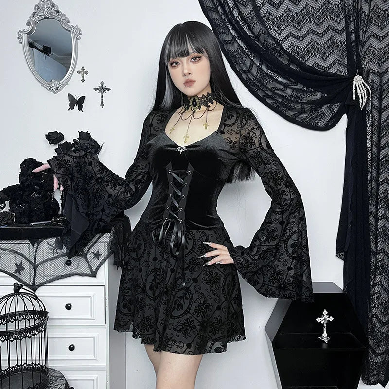 Dark Elegant Vintage Gothic Velvet Dresses Grunge Punk Style Flocked Bandage Flare Sleeve Party Outfit