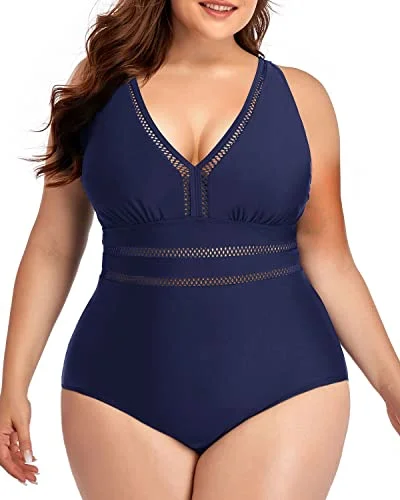 Elegant Full Coverage Plus Size One Piece Backless Swimwear-Navy Blue