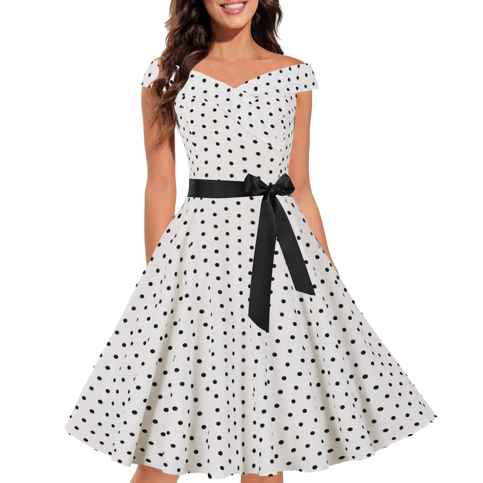 JuliaFashion - 50s 60s Vintage Retro Off Shoulder Women Summer Short Sleeve Polka Dot Print Party Vestidos Elegant A Line Casual Sun Dress