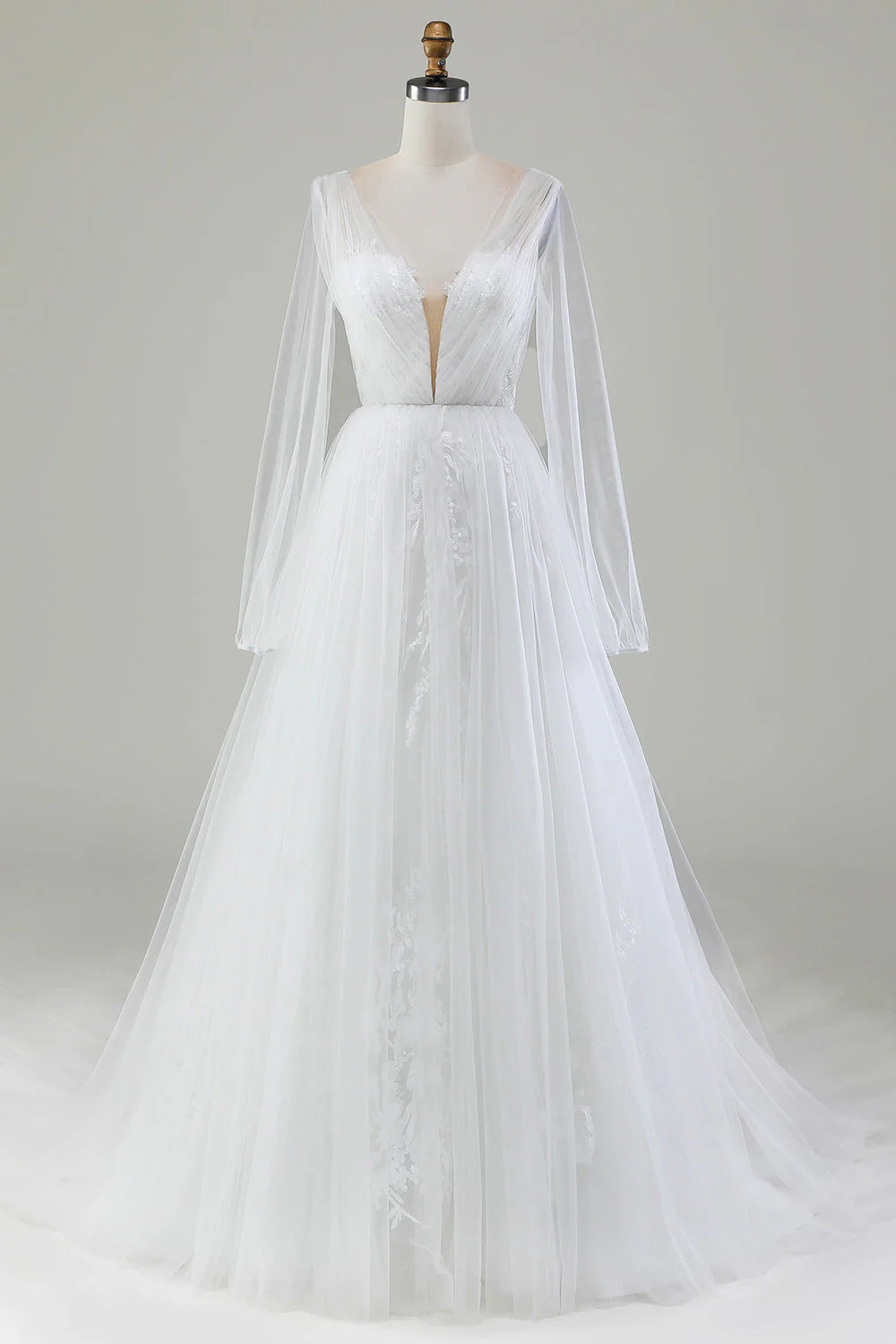 Ivory A-line V-neck long sleeved pleated sheer wedding dress