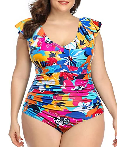 Ruffled Plus Size One Piece Swimsuits for Women Flounce Vintage Swimwear