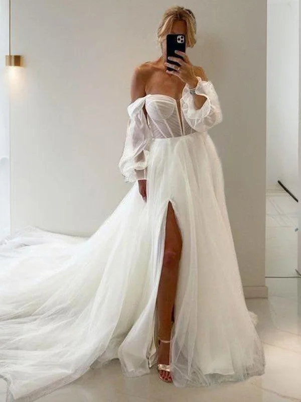 A-shaped Sweetheart Long sleeved sheer tight fitting corset and floor length wedding dress