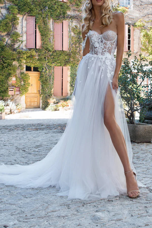 A Line Sweetheart Lace Applique Bohemian Split Wedding Dress