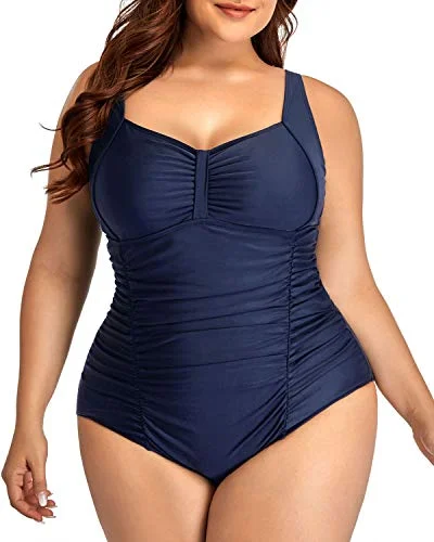 Tummy Control Backless Plus Size Swimwear-Navy Blue