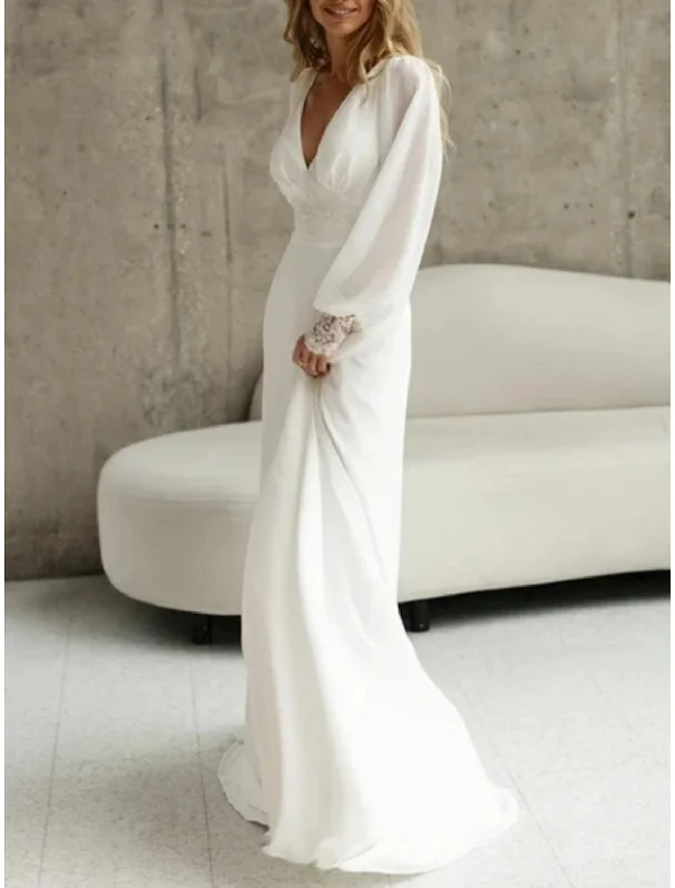 Beach Simple Wedding Dresses Formal Wedding Dresses A-Line Illusion Neck Long Sleeve Floor Length Tulle Bridal Gowns With Ruched Beading