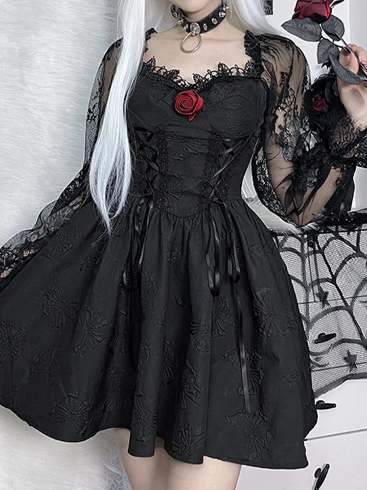 Grunge Party High Waist Gothic Dark Sexy A-Line Jacquard Lace Sleeve Lolita Vintage Harajuku Outfit