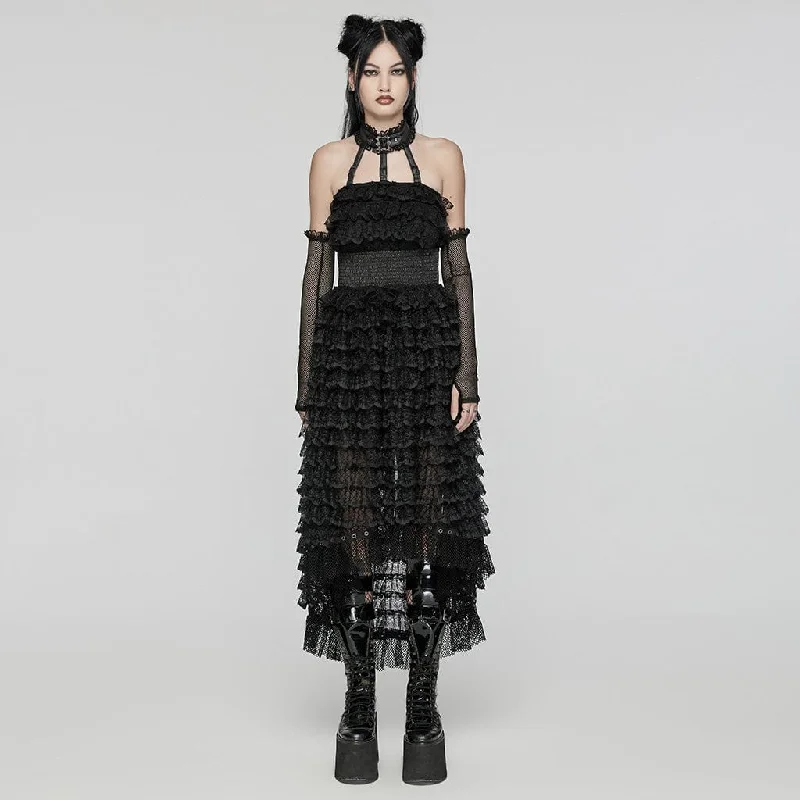 Women's Punk Halterneck Ruffled Lace Party Dress Black