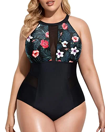 Tummy Control Monokini Bathing Suits For Plus Size Women-Black Floral