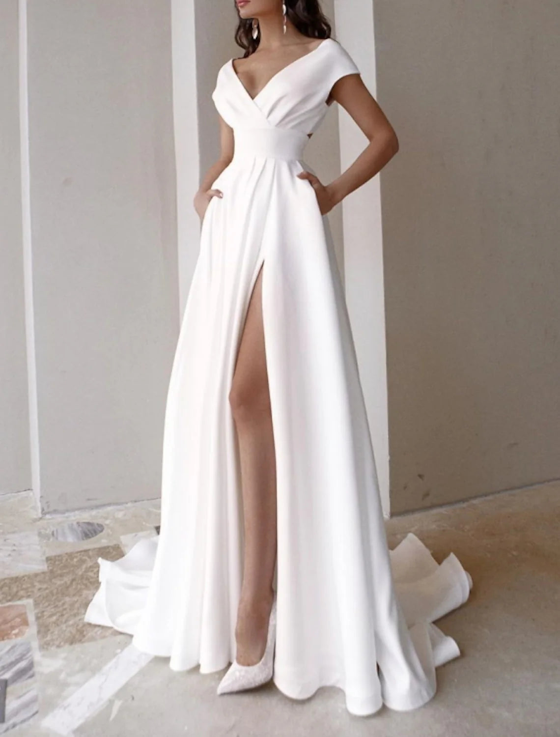 A-line/Princess V-neck cover sleeve front slit sweeping/brush trailing wedding dress