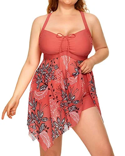 Flowy Mesh Tankini Plus Size Swimdress Boyshorts-Pink Flower