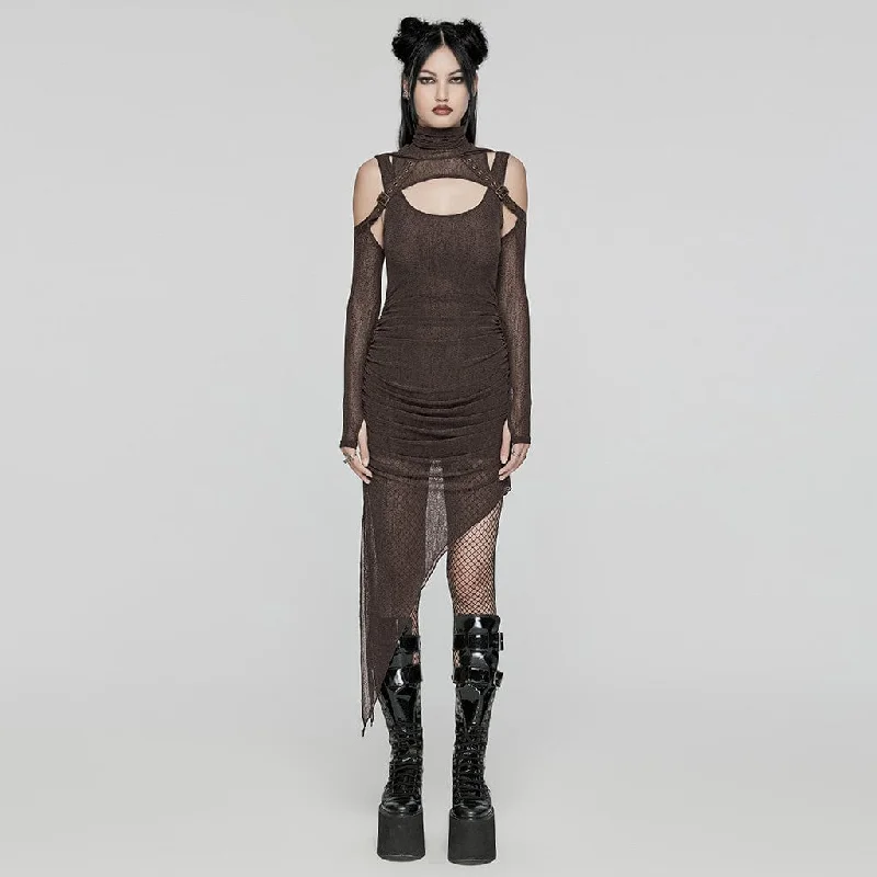 Women's Punk Irregular Ruched Coffee Party Dress with Hooded Cape