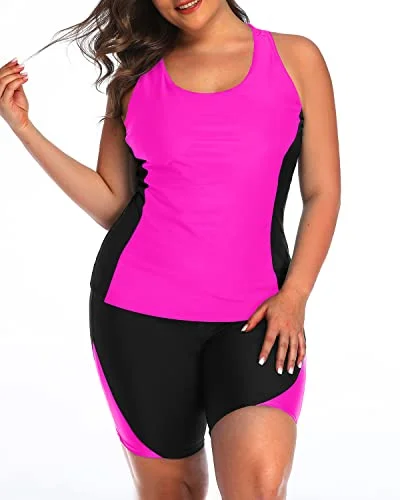 Women's Racerback Tummy Control Two Piece Tankini Set Boyshorts-Hot Pink