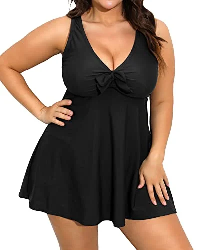 Flowy Plus Size Swim Dress Tummy Control Boyshorts-Black