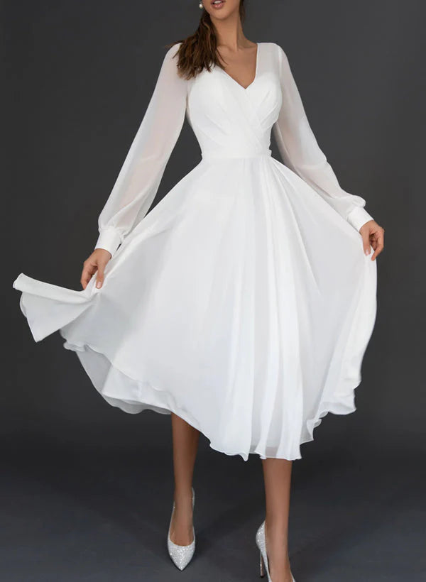 A-line/Princess V-neck Tea Long Wedding Dress