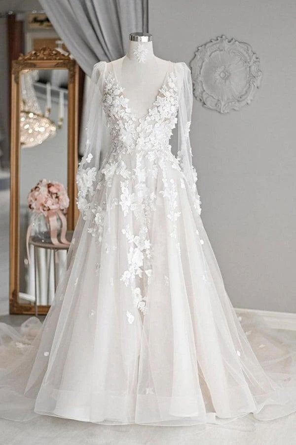 Elegant A-line V-neck long sleeved ivory sheer and floor length wedding dress