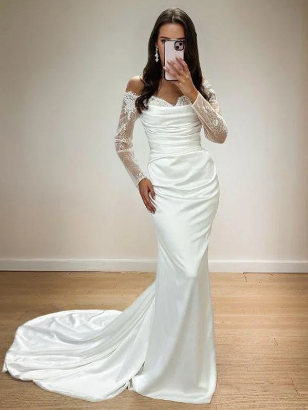 Tight Off Shoulder Long Sleeve Applique Lace Court Trail  Woven Satin Wedding Dress