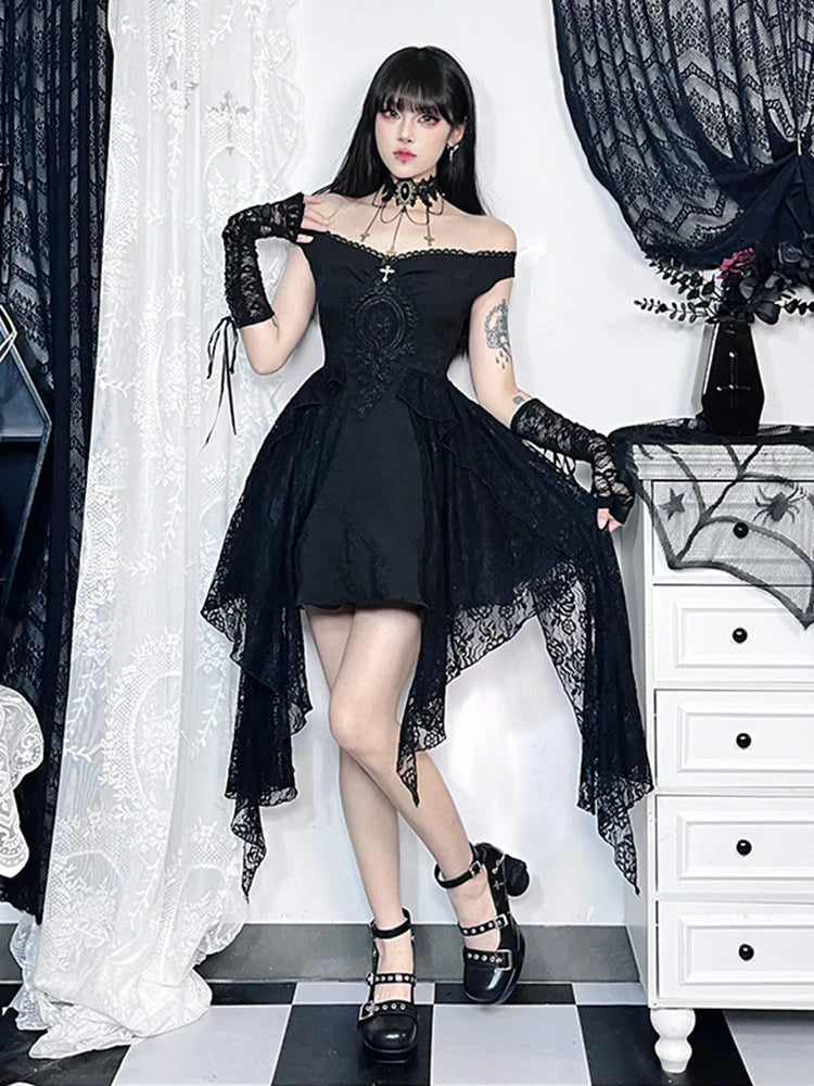 Gothic Folds Corsets A-Line Black Off Shoulder Ball Women Grunge Vintage Aesthetic Harajuku Partywear Dress