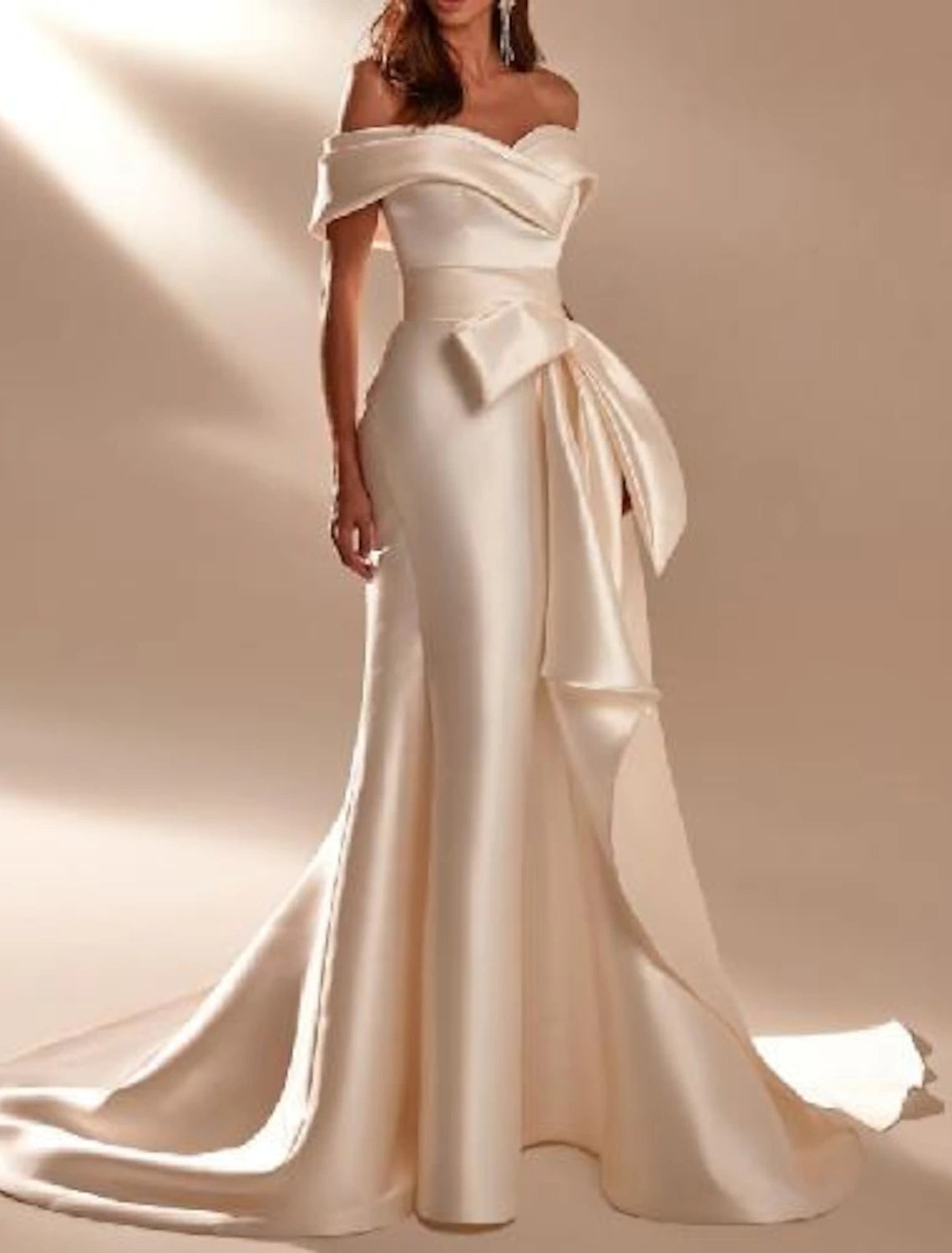 Engagement Formal Wedding Dresses Mermaid / Trumpet Off Shoulder Cap Sleeve Court Train Satin Bridal Gowns With Bow(s)