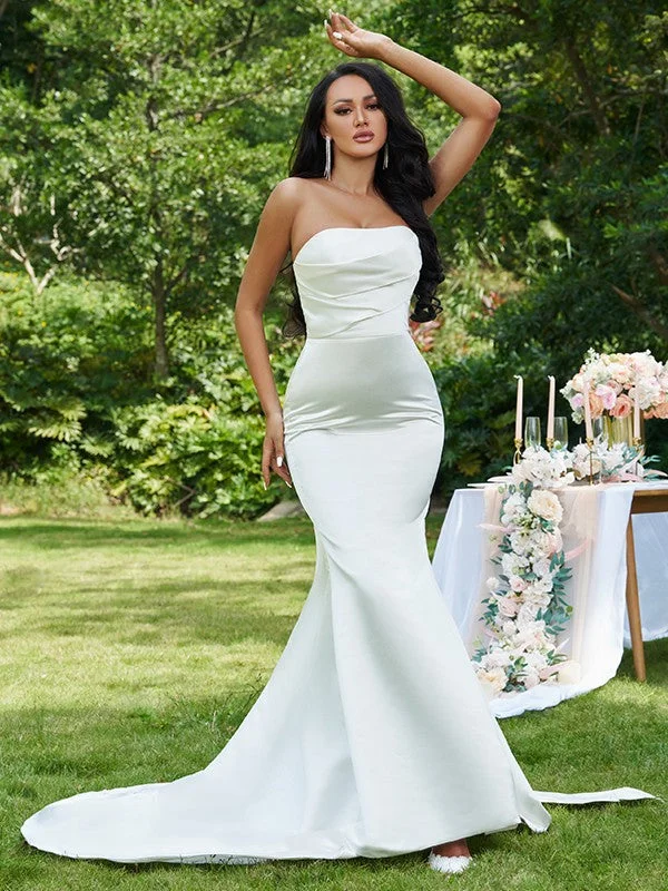 Trumpet/Mermaid Satin Ruched Strapless Sleeveless Sweep/Brush Train Wedding Dresses