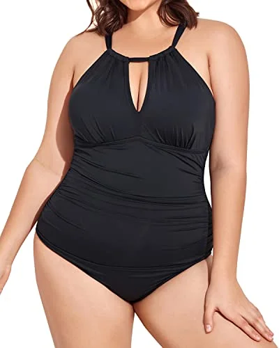 Plus Size Plunge Mesh Cut Out One Piece Swimsuit For Women-Black